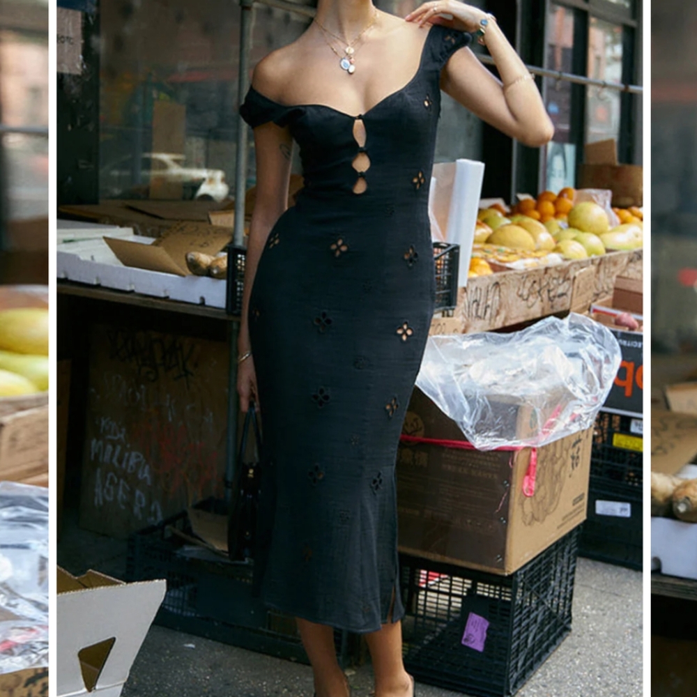 Cotton Keyhole Neckline Midi Dress Eyelet